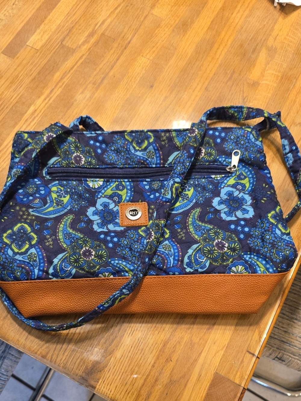 Navy Floral Quilted Shoulder Bag with Tan Faux-Leather Base